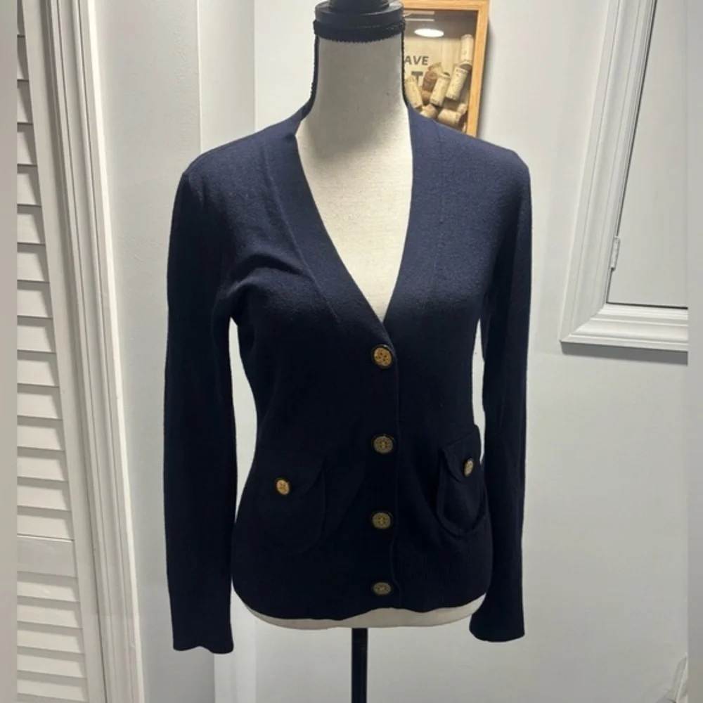 🔥 TORY BURCH V neck Navy Cardigan sweater Size Small